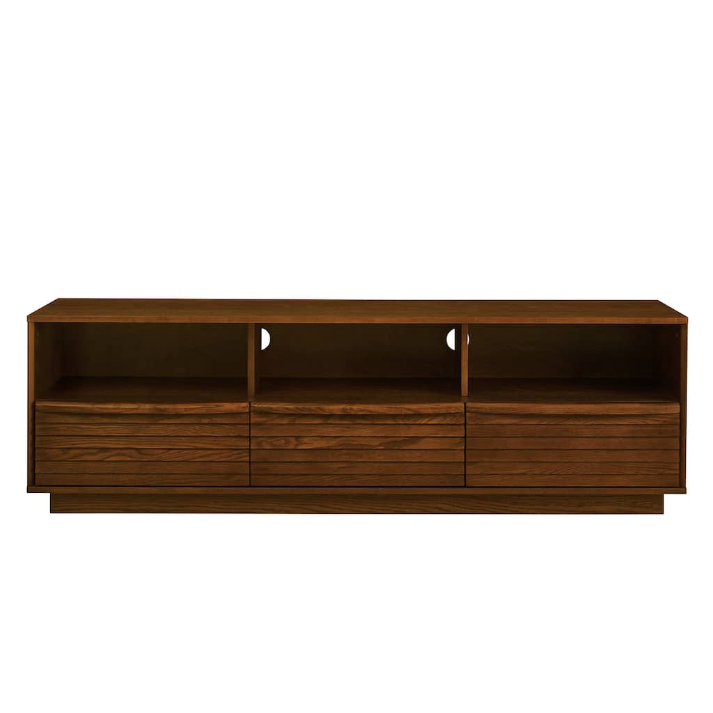 Mid-Century Modern TV Stand for TVs up to 75" with Louver Design 3 Drawers and Outlet Holes, for Living Room, Walnut Brown