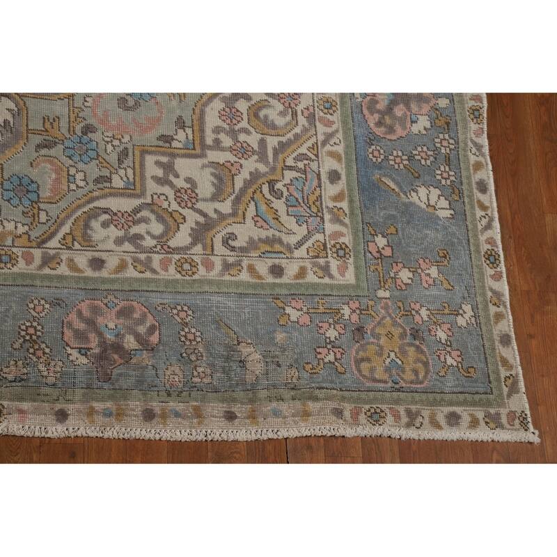 Geometric Tabriz Persian Area Rug Hand-Knotted Beige Wool Carpet - 9'10"x 12'6"