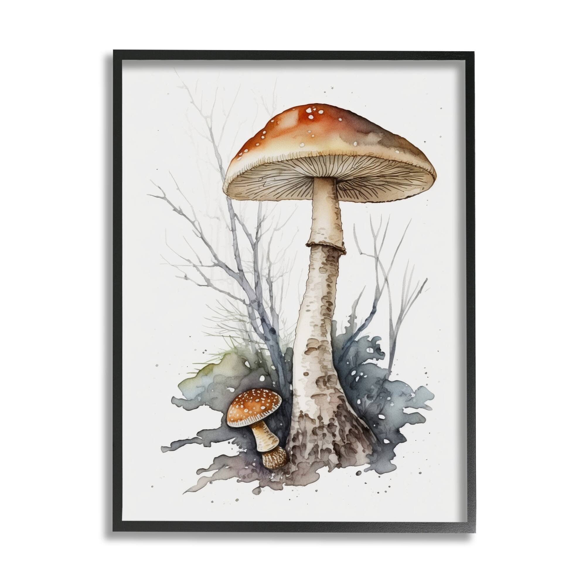 Stupell Mushroom Watercolor Splash Framed Giclee Art Design by Petals Prints Design