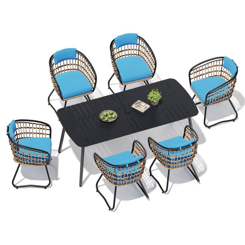 7-Piece Patio Dining Set Aluminum Outdoor Table with Umbrella Hole with Rattan Chairs