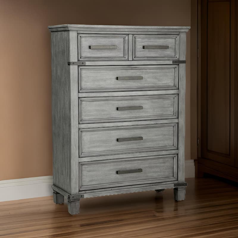 Zac 57 Inch Tall Dresser Chest, 5 Drawers, Metal Accents, Light Gray