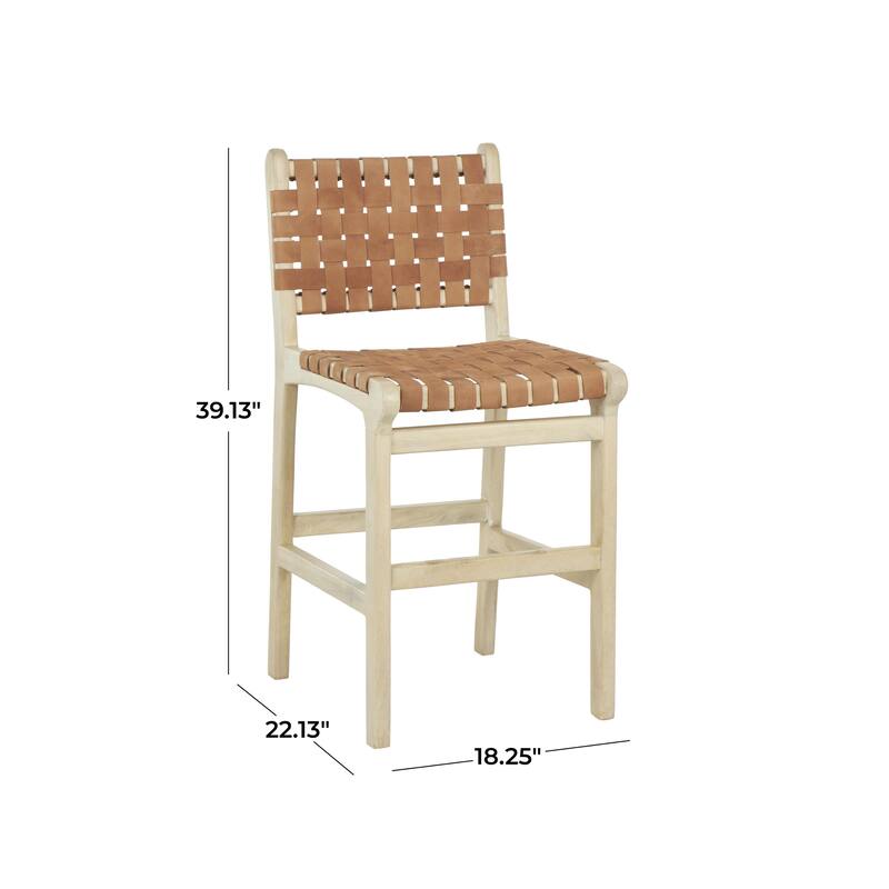 Mango Wood Handmade Woven Bar Stool with Backrest and Footrest - Brown or Light Brown - Roche River Decor