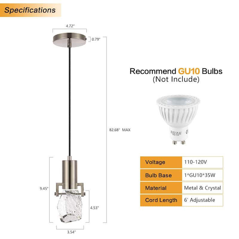 WINGBO 1-Light Modern Crystal Pendant Light Fixture Height Adjustable Hanging Light