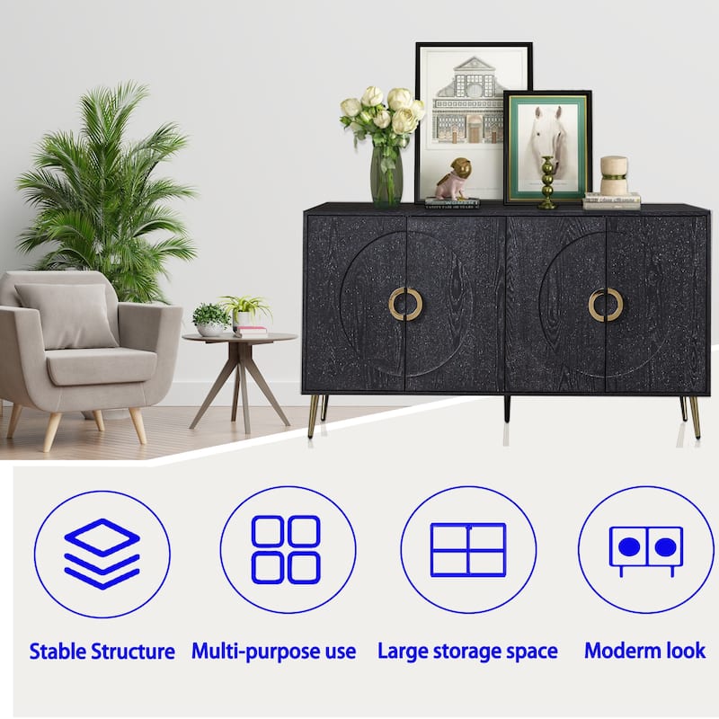 Wooden Cabinet with 4 Door, Kitchen Buffet Cabinet with Metal Handles and Legs, Storage Cabinet with Adjustable Shelf