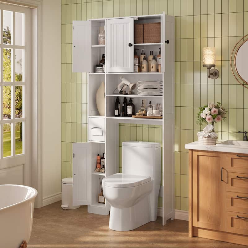 70" Freestanding Above Toilet Storage Cabinet, Adjustable Bathroom Shelving With Anti-Tip Devices