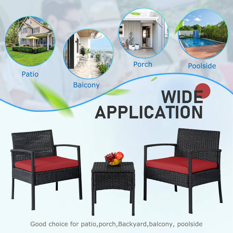 Outdoor Furniture 3 Piece Patio Bistro Furniture Set, Rattan Conversation Chairs Set with Side Table and Cushions
