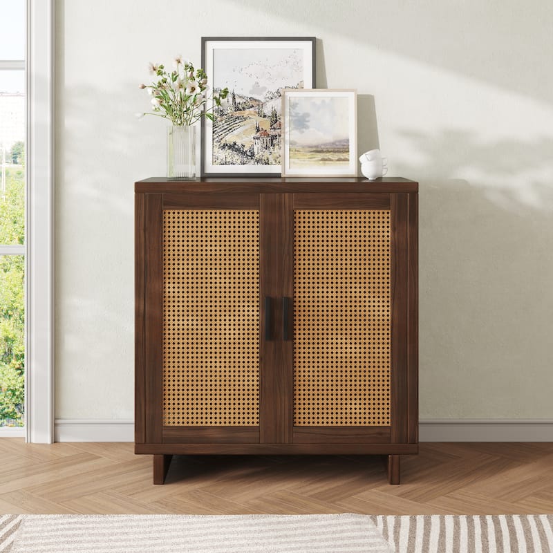 Mid-Century Modern Rattan Sideboard Storage Accent Cabinet with 2 Door