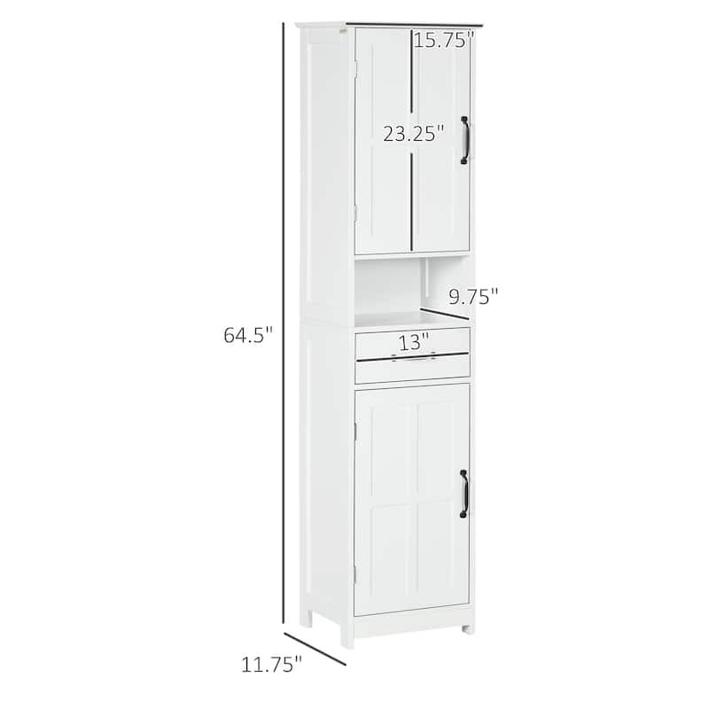 White MDF Bathroom Storage Cabinet with Drawer, Open Shelf and Adjustable Shelves - 15.75" W x 11.75" D x 64.5" H