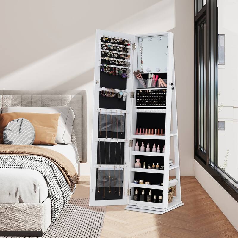 360 Rotating Full Length Mirror Jewelry Cabinet with LED Lights and Ample Storage Shelves - 17" x 15" x 63"