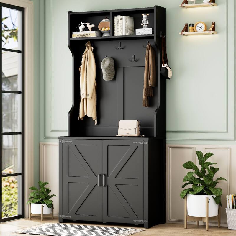 Farmhouse 4-in-1 Hall Tree with Barn Doors, Movable Bench with 7 Hanging Hooks and Shoe Storage Cabinet - Black