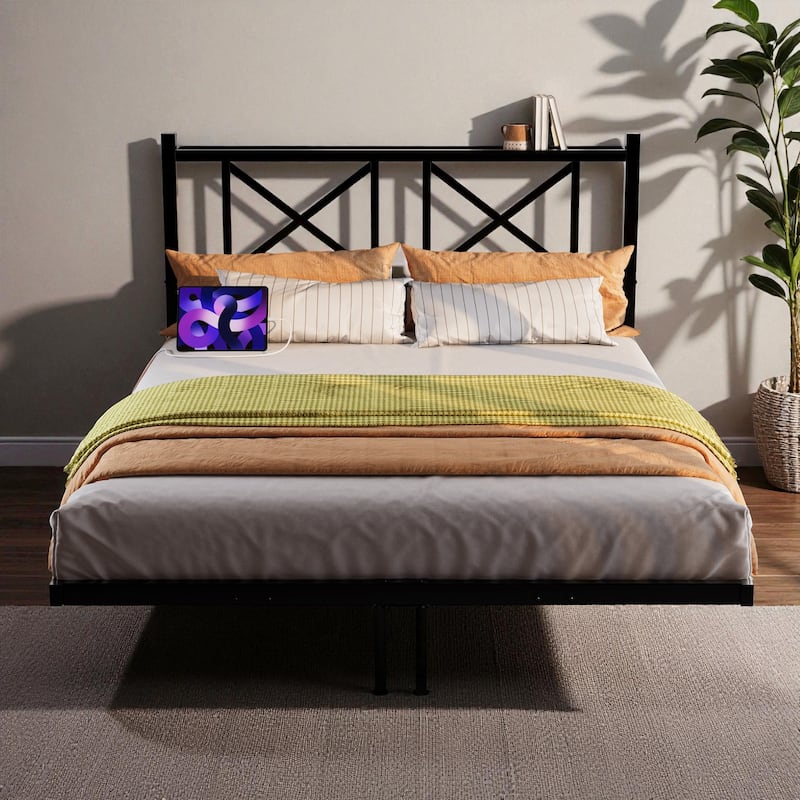 Full/Queen Floating Platform Bed Frame with LED Lights, USB Charging Station, Storage Headboard, Heavy-Duty Steel Slats
