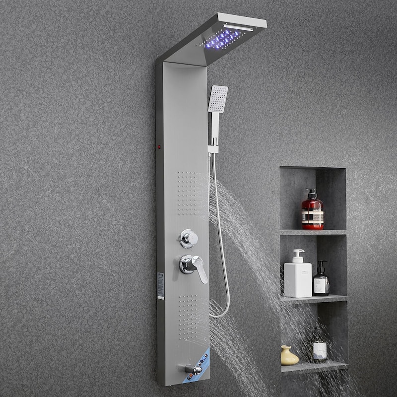Silver Stainless Steel 5-in-1 Shower Panel with LED Lights, Rainfall and Handheld - 53.0x 7.9x 18.1 inch