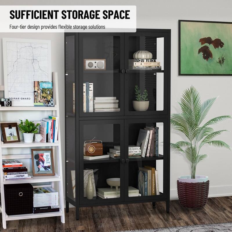 Storage Cabinet with 4 Glass Doors, Modern Sideboard Cabinet with Adjustable Shelves & Steel Feet, Accent Cabinet for Kitchen