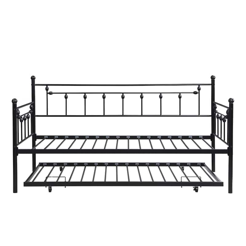 Modern Black Daybed with Trundle - Space Saving Steel Frame, No Box Spring Needed, 350 LBS Capacity