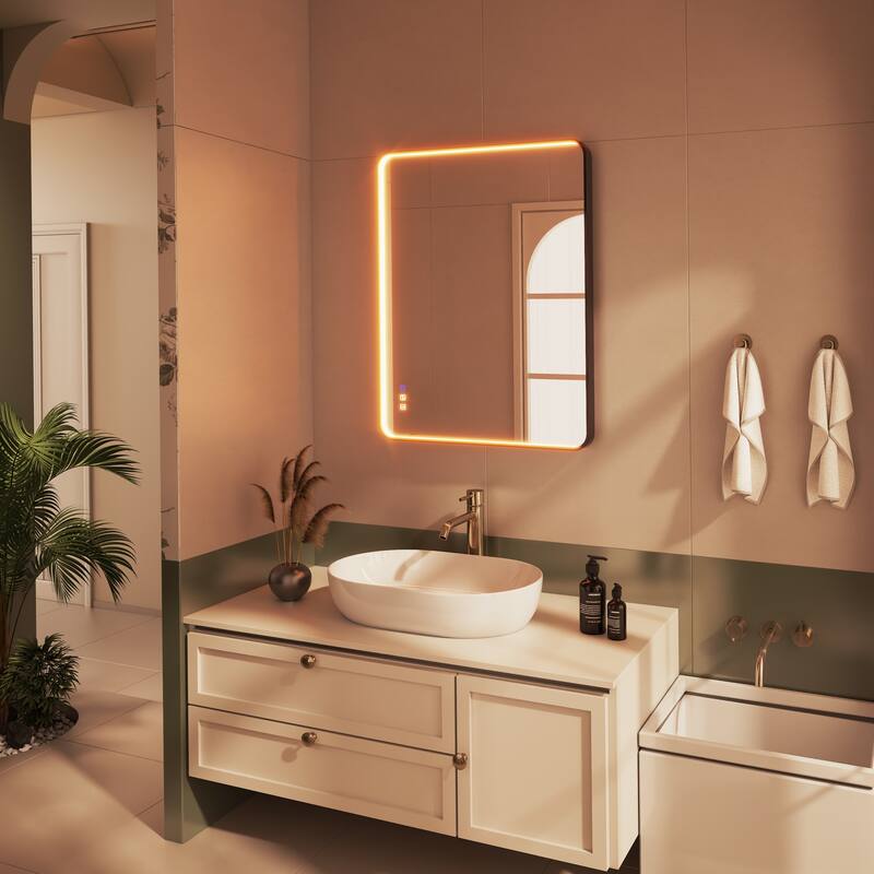 Organnice Rectangular LED Aluminum Black Framed Light Rounded Wall Mirror with Front Light