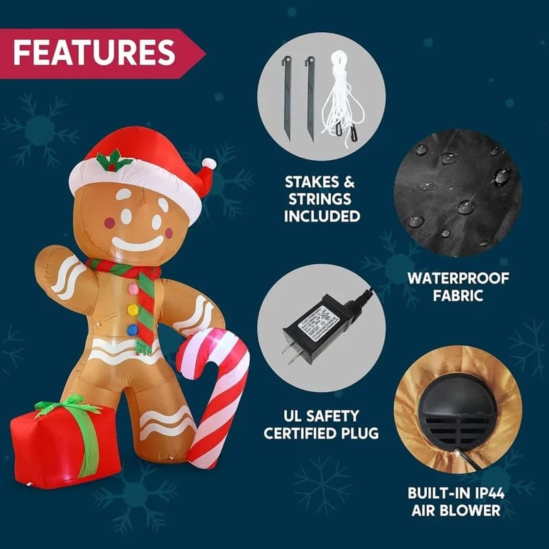 Joyfy 8ft Christmas Inflatable Gingerbread Man with Candy Cane, LED-lit