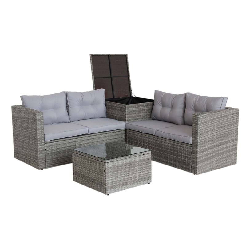 4-Piece Rattan Patio Conversation Set with Storage Box and White Cushions