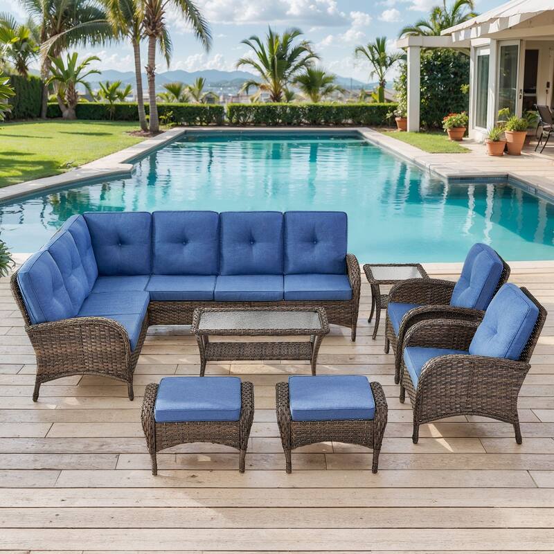Outdoor Sectional Sofa with Cushion Funiture Set - Brwon Wicker Blue Cushion - 8PCS Sectional Sofa w/ Patio Chair Ottoman