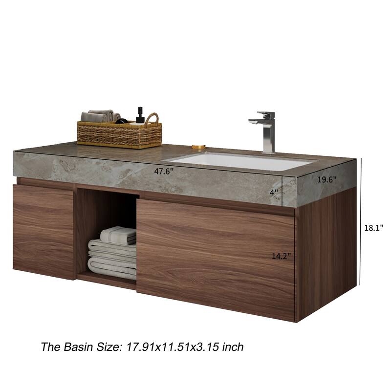 48" Mid Century Single Bathroom faux marble Vanity with Top, Solid Wood, Floating Vanities for Bathroom, Not Assembled Need