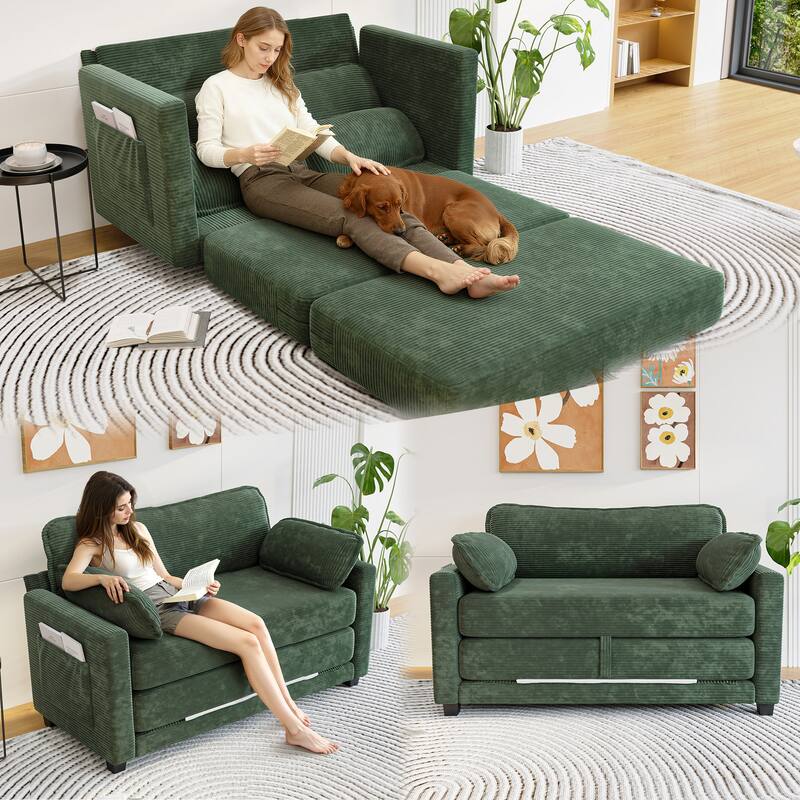 2-in-1 Convertible Corduroy Sofa Bed with Storage, High-Rebound Sponge & Solid Wood Frame - Green