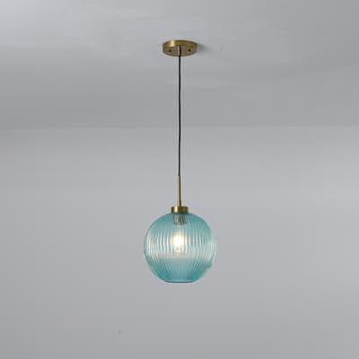 1-Light 9.8" W Mid-century Modern Metal Hanging Pendant Light with Blue Ribbed Glass Globe Shade for Kitchen Island, Dining Room
