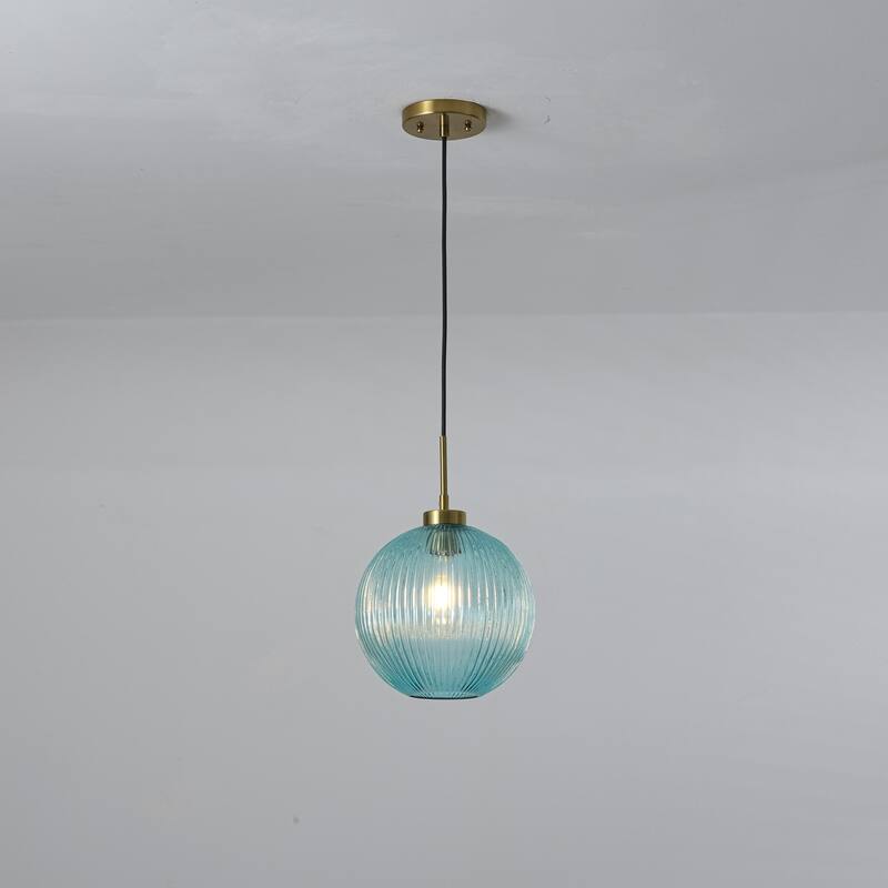 1-Light 9.8" W Mid-century Modern Metal Hanging Pendant Light with Blue Ribbed Glass Globe Shade for Kitchen Island, Dining Room - Blue/Gold - 9.8 in. W x 14.2 in. H x 9.8 in. D