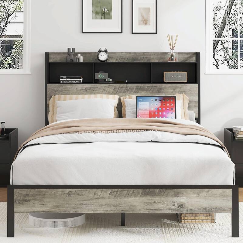 Platform Bed Frame with Storage & USB Ports, No Box Spring Needed - Full