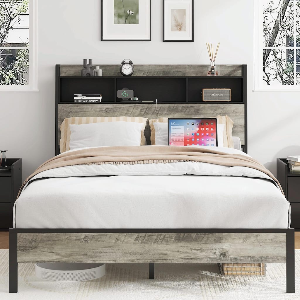 Platform Bed Frame with Storage & USB Ports, No Box Spring Needed