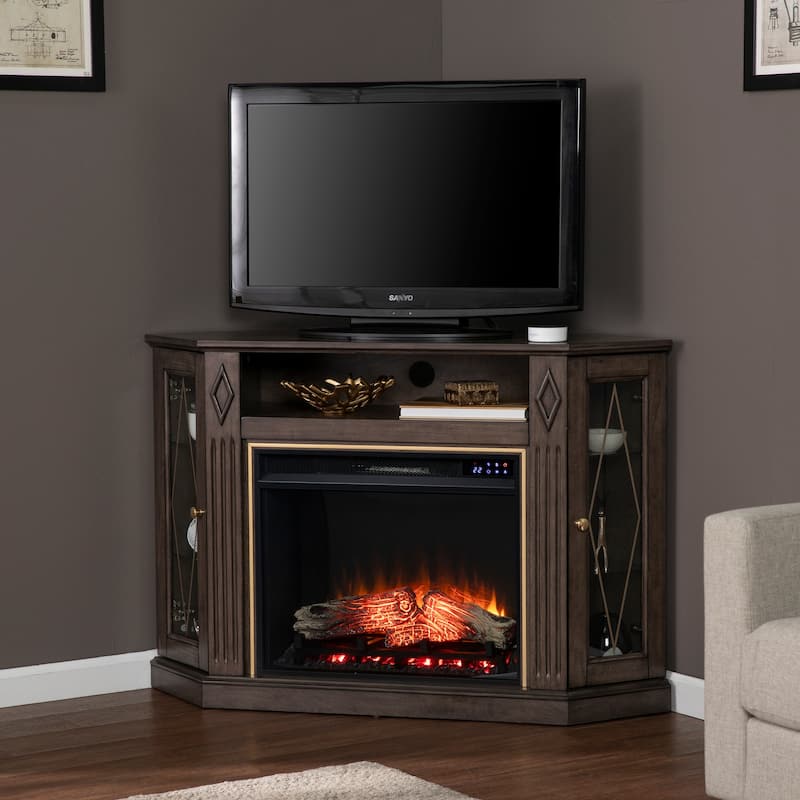47.25 in. Freestanding Wood Smart Electric Fireplace TV Stand in Brown for remote control heater convenience