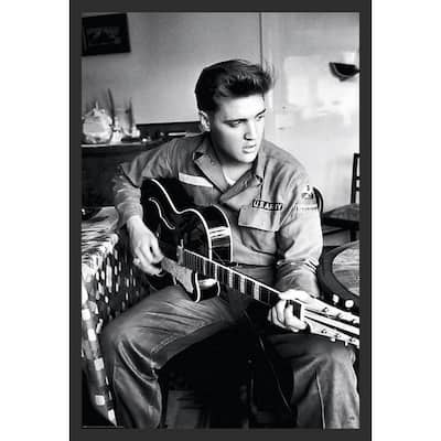 Elvis in Army with Guitar Black & White Framed Poster - 24 x 36 Inch