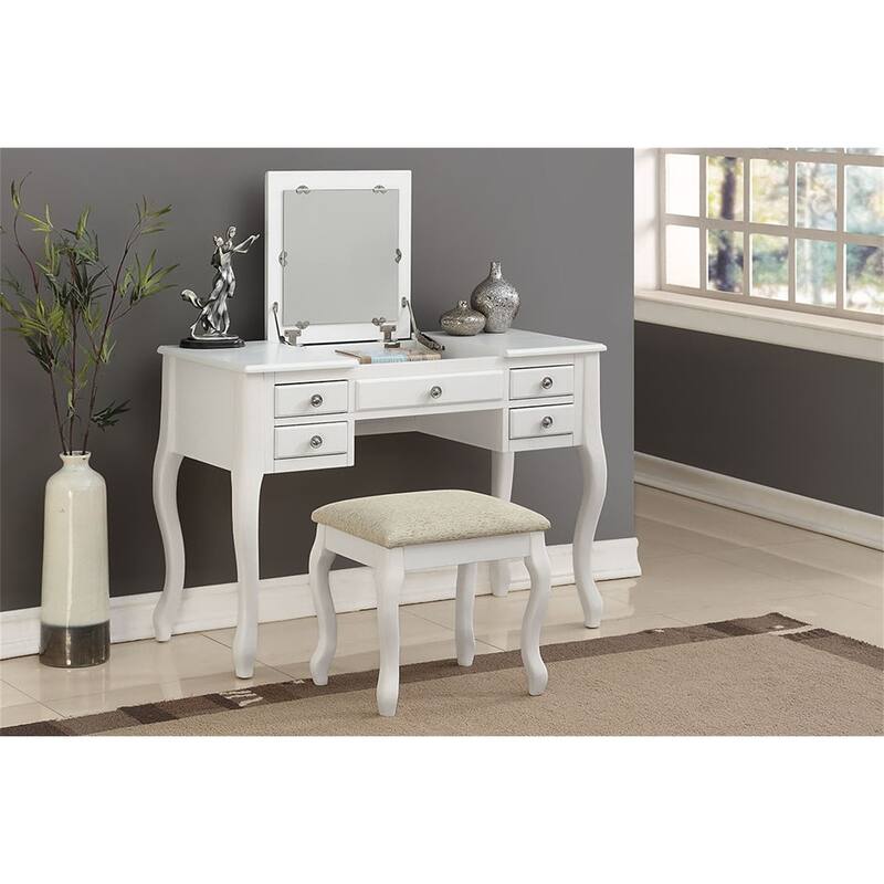 Flip Up Mirror Vanity Set with Stool - White