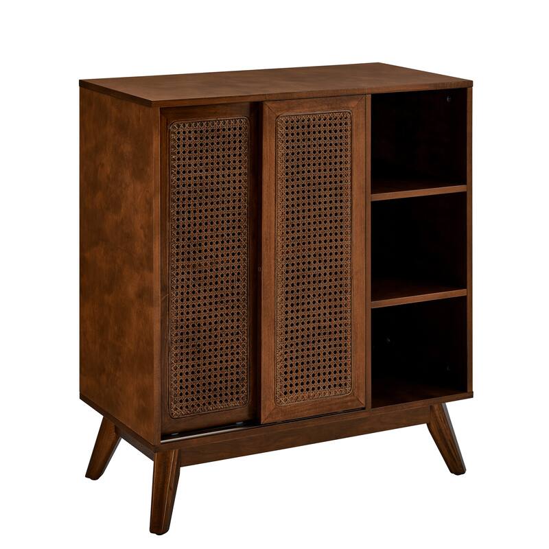 Rustic Rattan Sideboard Buffet Storage Cabinet Walnut Entry Side Cabinet