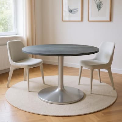 HomeRoots 60" Gray and Silver Marble and Aluminum Pedestal Base Round Top Dining Table - 60.00 in. x 30.70 in. x 60.00 in.