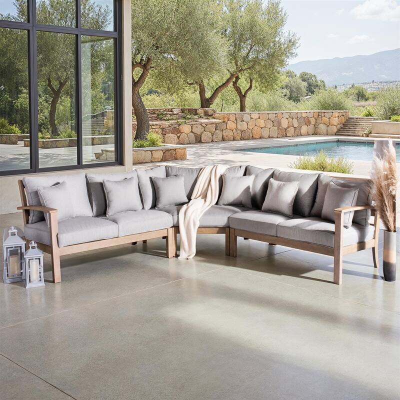 SAFAVIEH Couture Rosabecca Eucalyptus Patio Sectional Sofa - 107"W x 107"D x 35"H - Natural/Light Grey