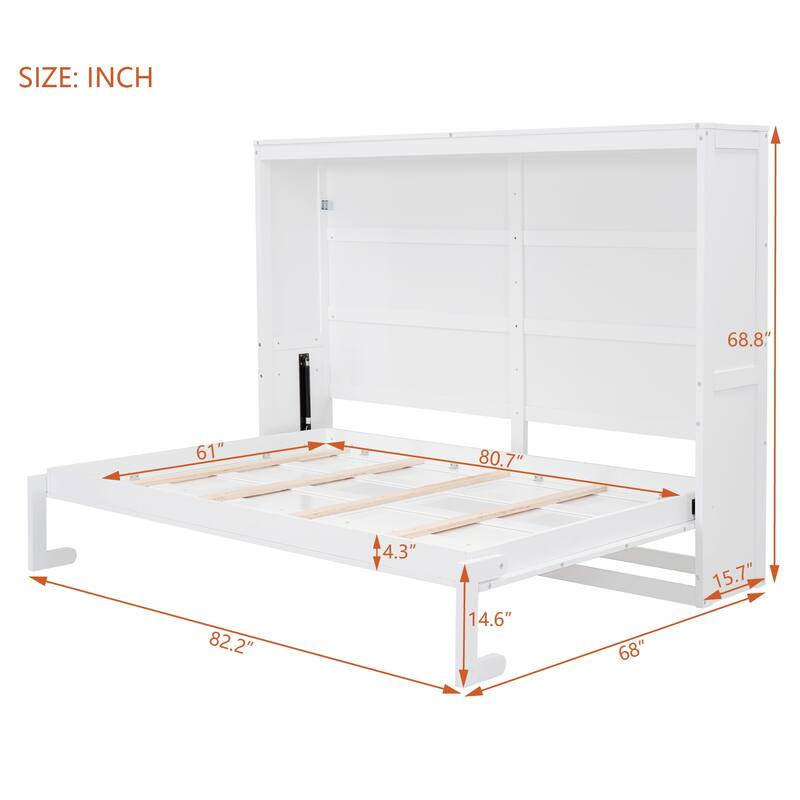 Queen Size Murphy Bed Cabinet with Dual-Piston Lift, Space-Saving Foldable Wall Bed Frame w/Slatted Base Guest Room Home Office