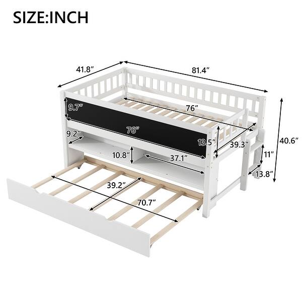 dimension image slide 0 of 2, Twin Size Low Loft Bed with Trundle, Solid Wood Bed Frame with Storage Shelves & Blackboard, Space-Saving Design for Small Rooms