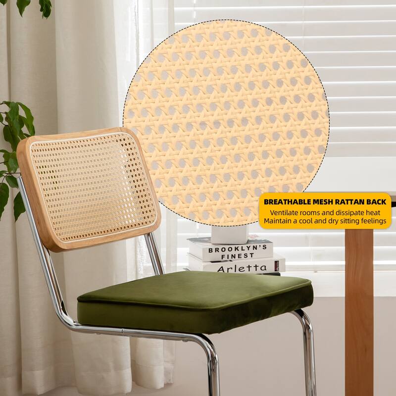 Dining Chairs Set of 2, Velvet Rattan Side Accent Chairs with Chrome Legs, Modern Mid Century Breuer Designed Chairs