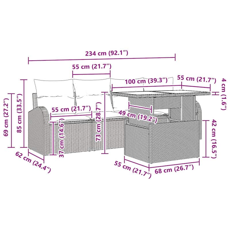 vidaXL 5 Garden Sofa Set with Cushions Black/Brown/Grey Poly Rattan - 92.1 x 24.4 x 27.2