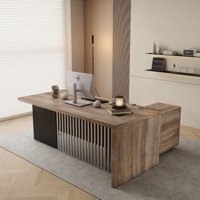 WESOME L-shaped Executive Office Desk with 2 Drawers 4 Wheels File Cabinets Cable Management - 70.8inch - Left Return+Cabinet
