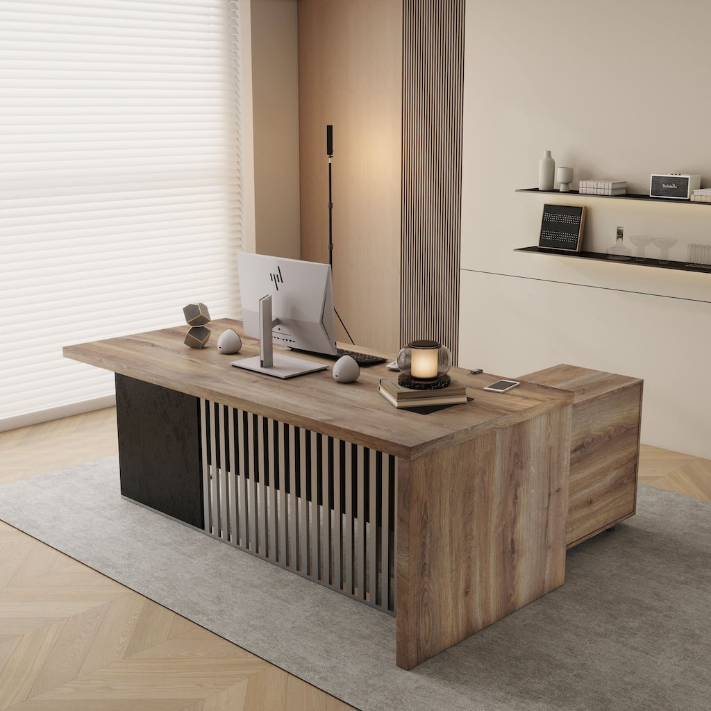 WESOME L-shaped Executive Office Desk with 2 Drawers 4 Wheels File Cabinets Cable Management