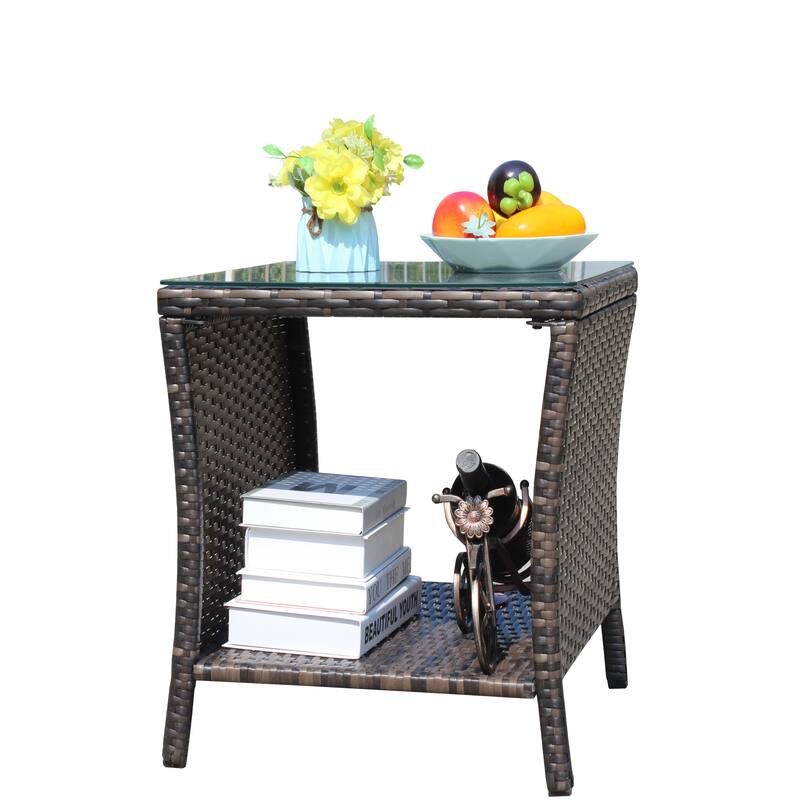 Anmytek Gray Rattan Side Table with Tempered Glass Top Indoor Outdoor Wicker Patio Table Double Tier Storage - 19.25*19.25