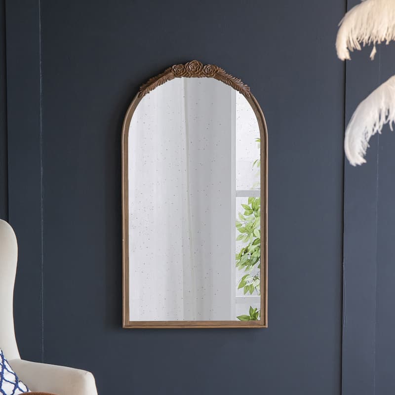 23" x 42" Hand Carved Rose Antique Wood Arch Wall Mirror - Brown
