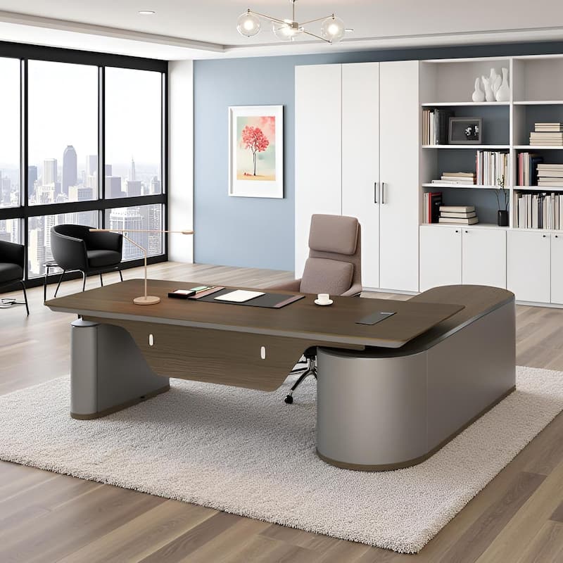 Reversible L-Shaped Adjustable Height Executive Standing Desk with Oval Storage Cabinet - 86.6"