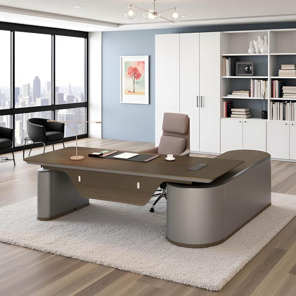 Reversible L-Shaped Adjustable Height Executive Standing Desk with Oval Storage Cabinet