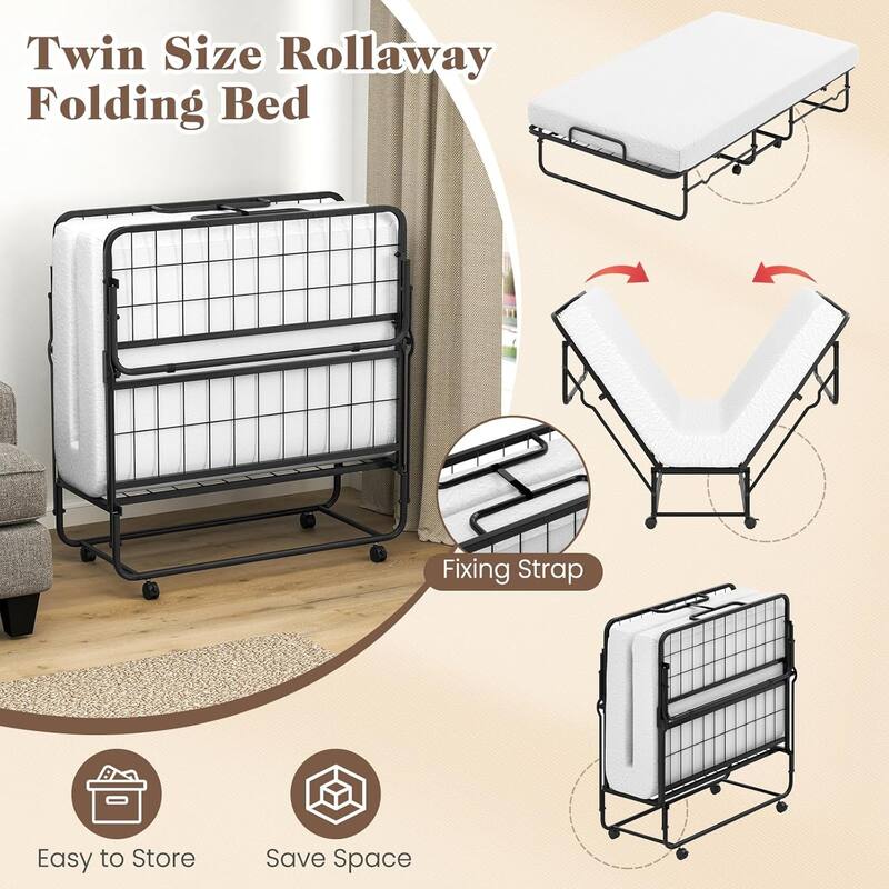 Twin Folding Bed w/Wheels 75" x 38" Rollaway Bed w/ Metal Frame