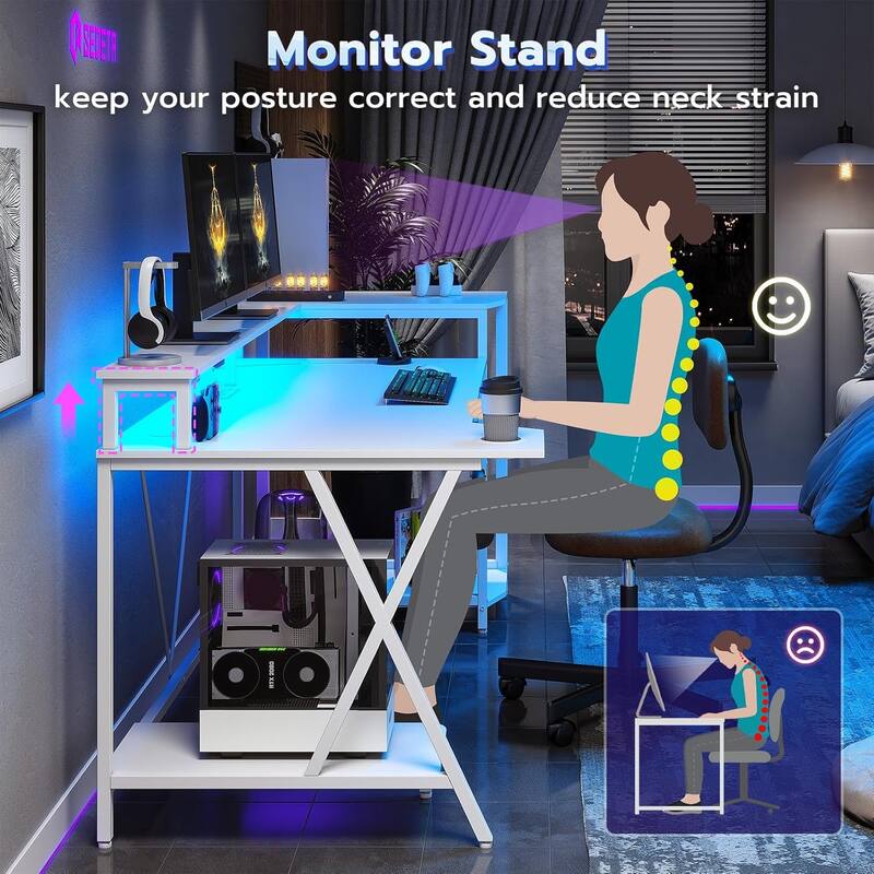 PC Gamer Desk Computer Desk Monitor Stand LED Lights Storage Shelves