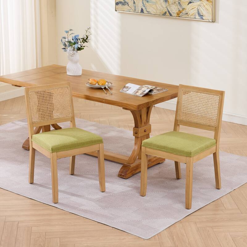 Roomfitters Upholstered Dining Chair Set of 2 with Rattan Back & Wood Legs, Modern Farmhouse Side Chair for Kitchen