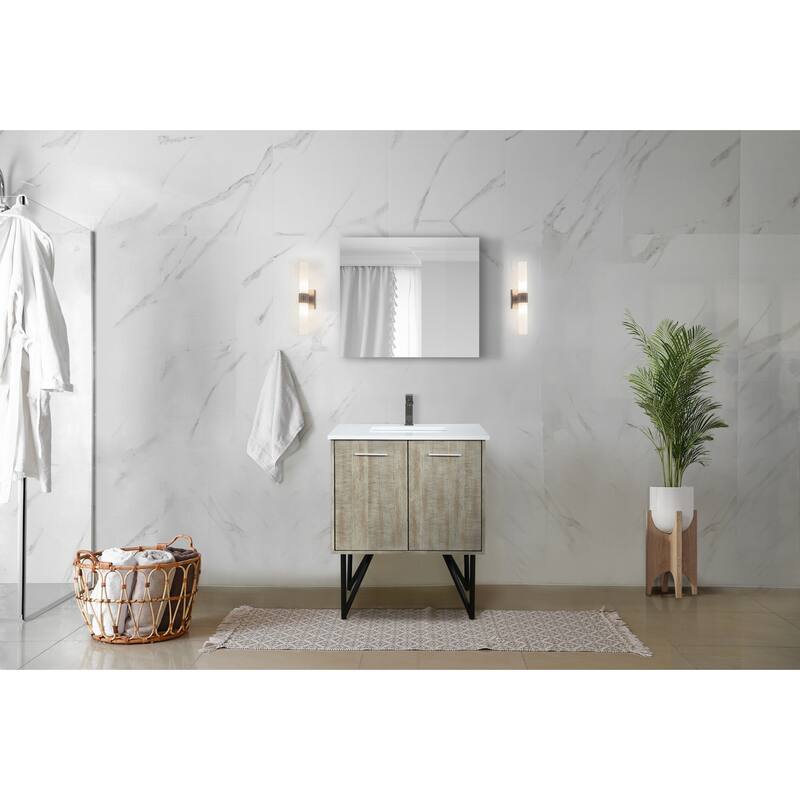 30 in. Rustic Acacia Bath Vanity with Marble Top, Rose Gold Labaro Faucet, and 28 in. Mirror, Soft-Close Doors, Bathroom Storage