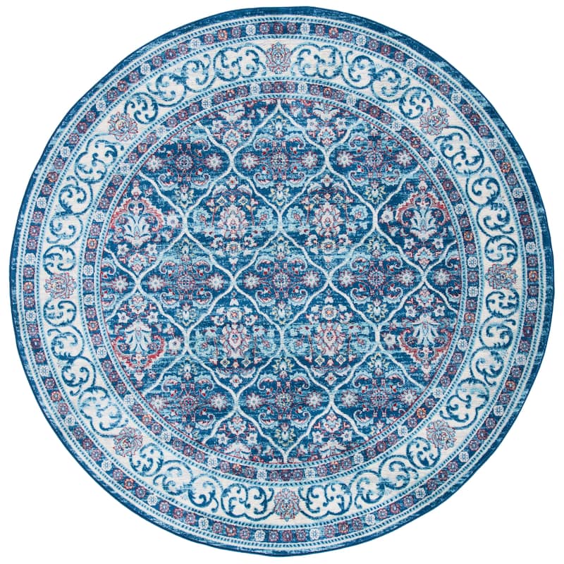 SAFAVIEH Brentwood Craciunita Traditional Oriental Rug - 6'7" Round - Navy/Red