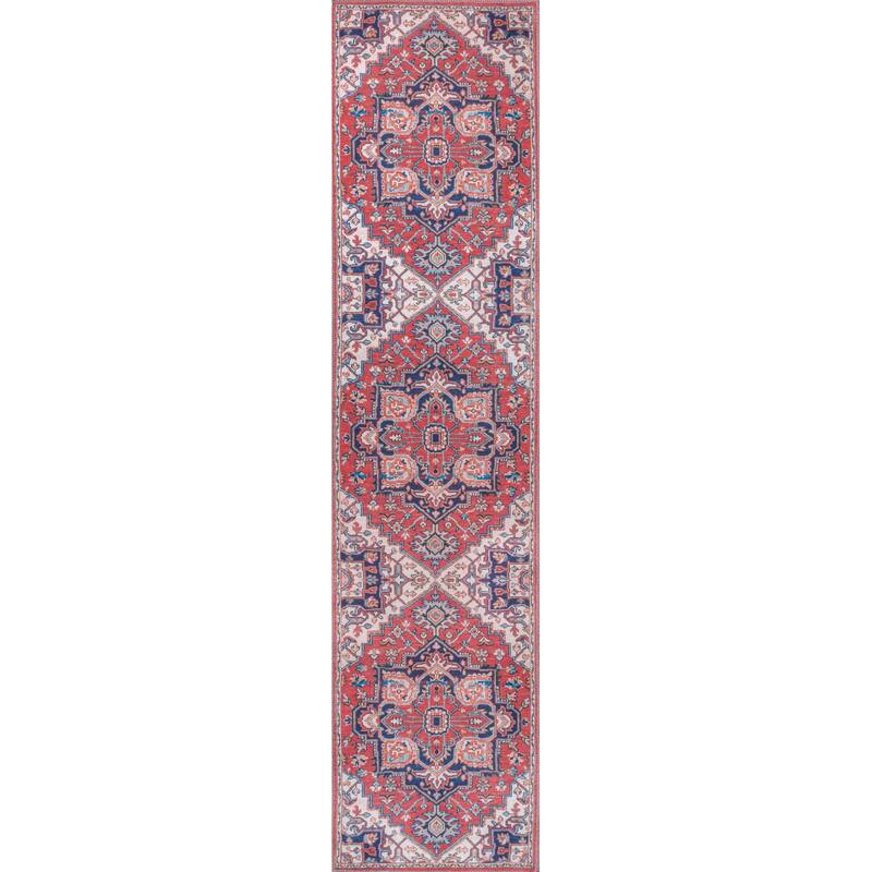 JONATHAN Y Victoria Ornate Large Medallion Machine Washable Area Rug - 2 X 8 - Red/Navy